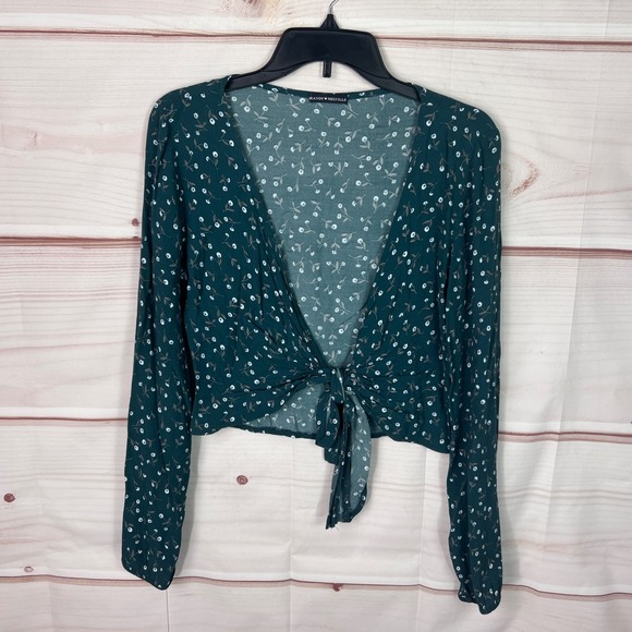 Brandy Melville Tops - Brandy Melville Top Womens OS Green Floral Blouse Long Sleeve Crop Tie Waist